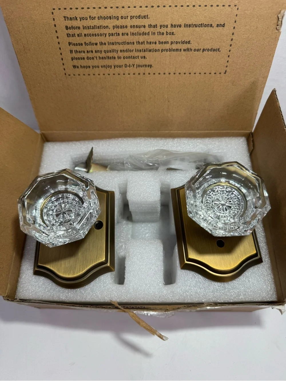 Glass Crystal Door Knob Pair with Antique Brass Backplates - Unbranded
